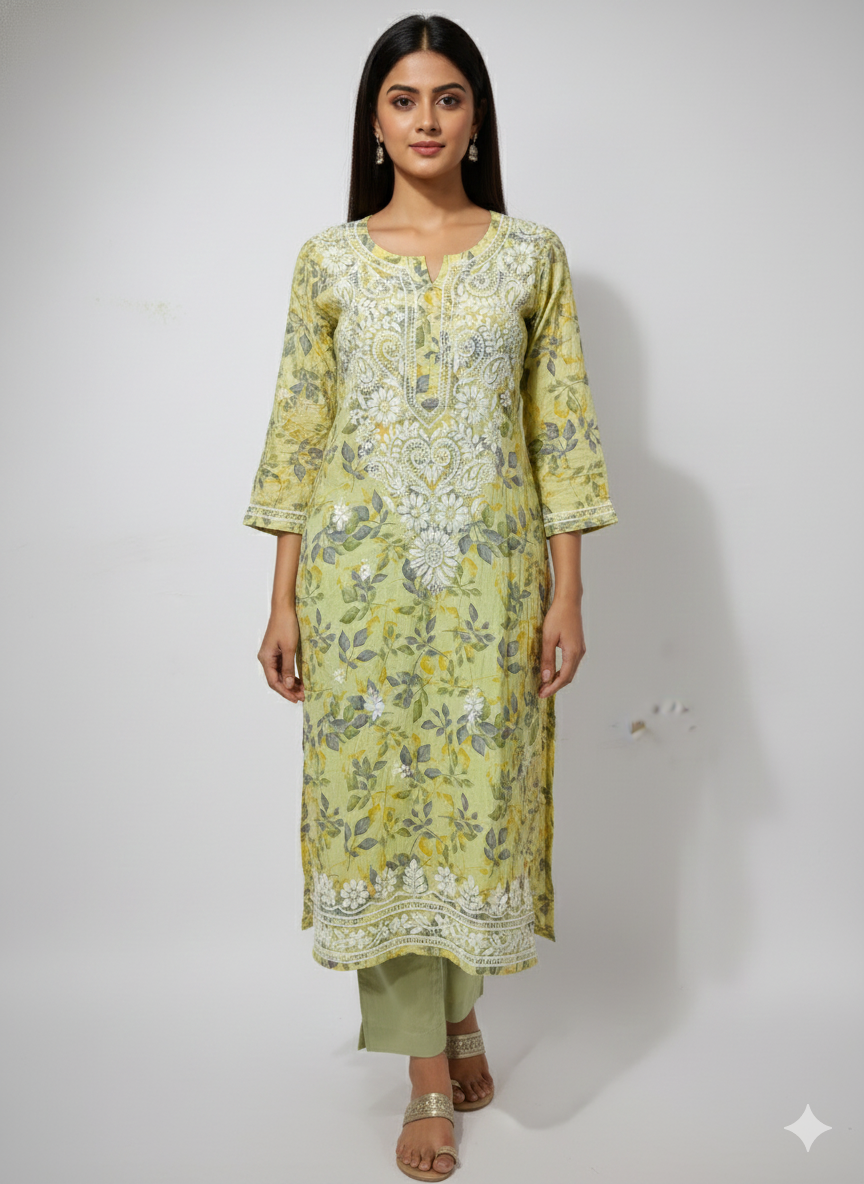 Yellow Malmal Cotton Chikankari Kurti for Women | Hand Embroidered Floral Kurta - Lucknow Best Chikankari