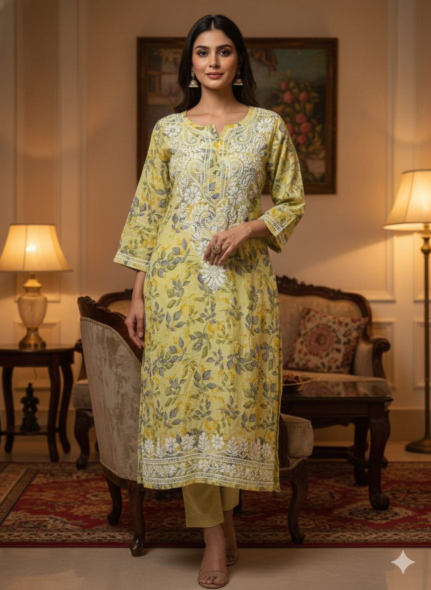 Yellow Malmal Cotton Chikankari Kurti for Women | Hand Embroidered Floral Kurta - Lucknow Best Chikankari