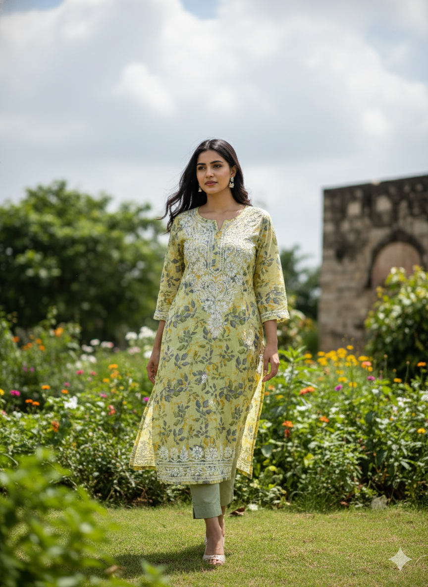 Yellow Malmal Cotton Chikankari Kurti for Women | Hand Embroidered Floral Kurta - Lucknow Best Chikankari