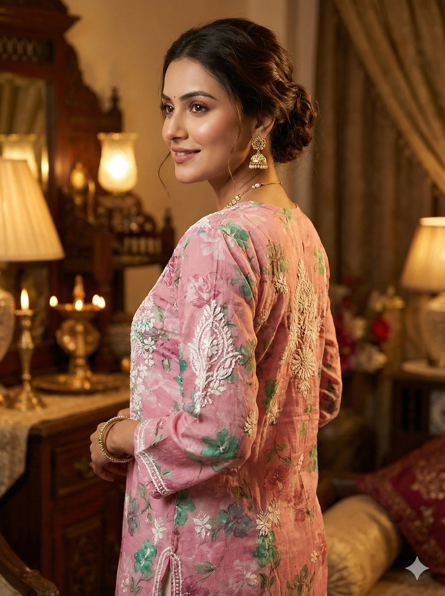 Blush Pink Floral Malmal Cotton Kurti with Hand Chikankari Work | Lucknow Best Chikankari