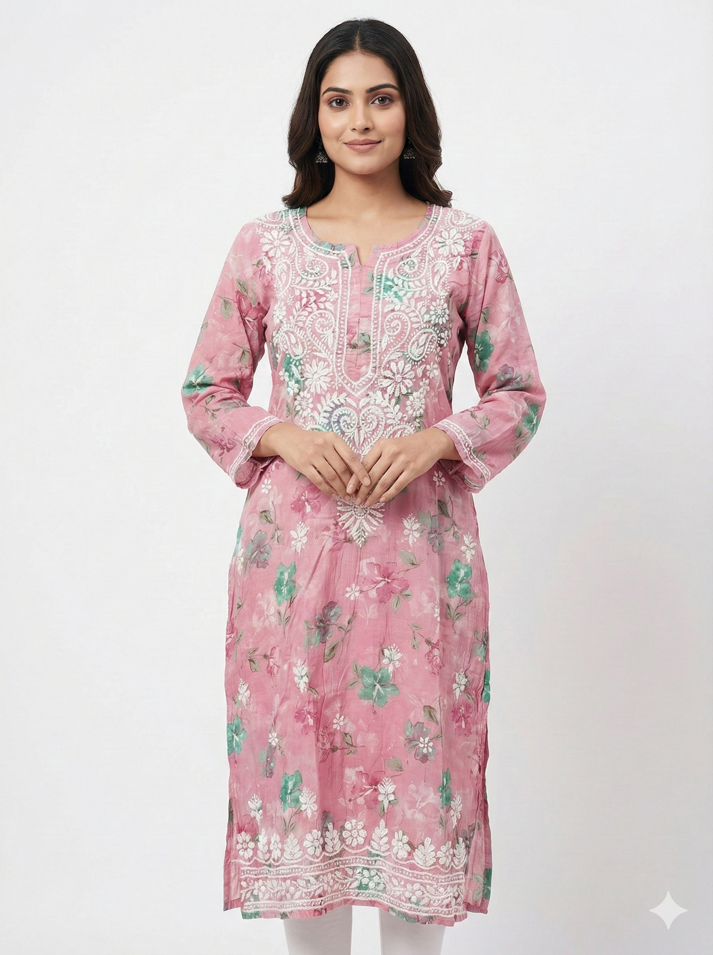 Blush Pink Floral Malmal Cotton Kurti with Hand Chikankari Work | Lucknow Best Chikankari