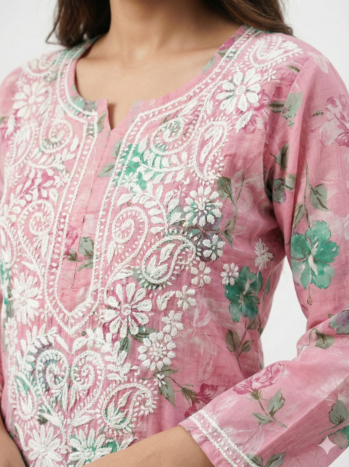 Blush Pink Floral Malmal Cotton Kurti with Hand Chikankari Work | Lucknow Best Chikankari