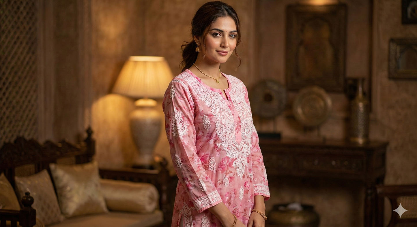 Blush Pink Floral Malmal Cotton Kurti with Hand Chikankari Work | Lucknow Best Chikankari