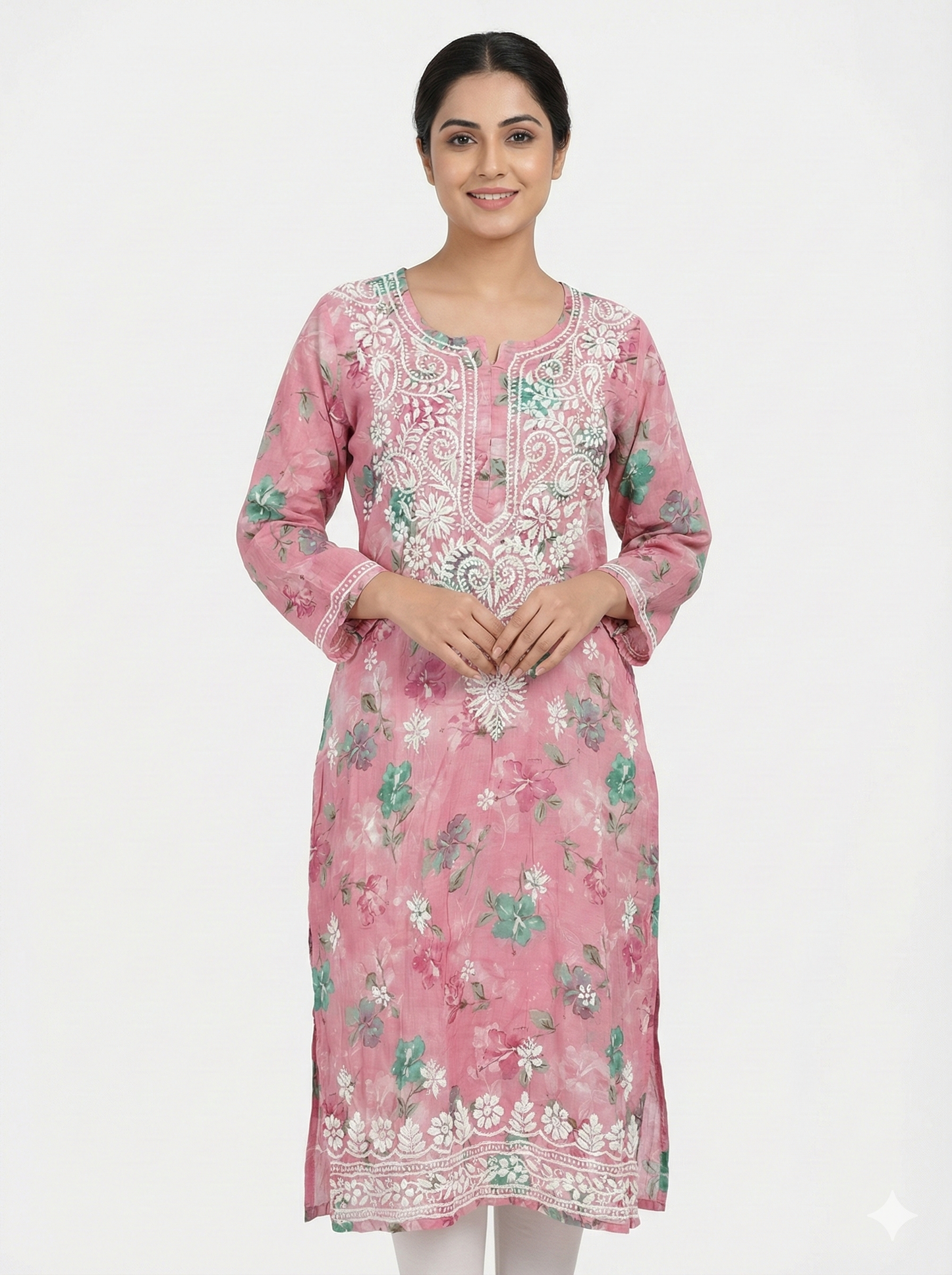 Blush Pink Floral Malmal Cotton Kurti with Hand Chikankari Work | Lucknow Best Chikankari