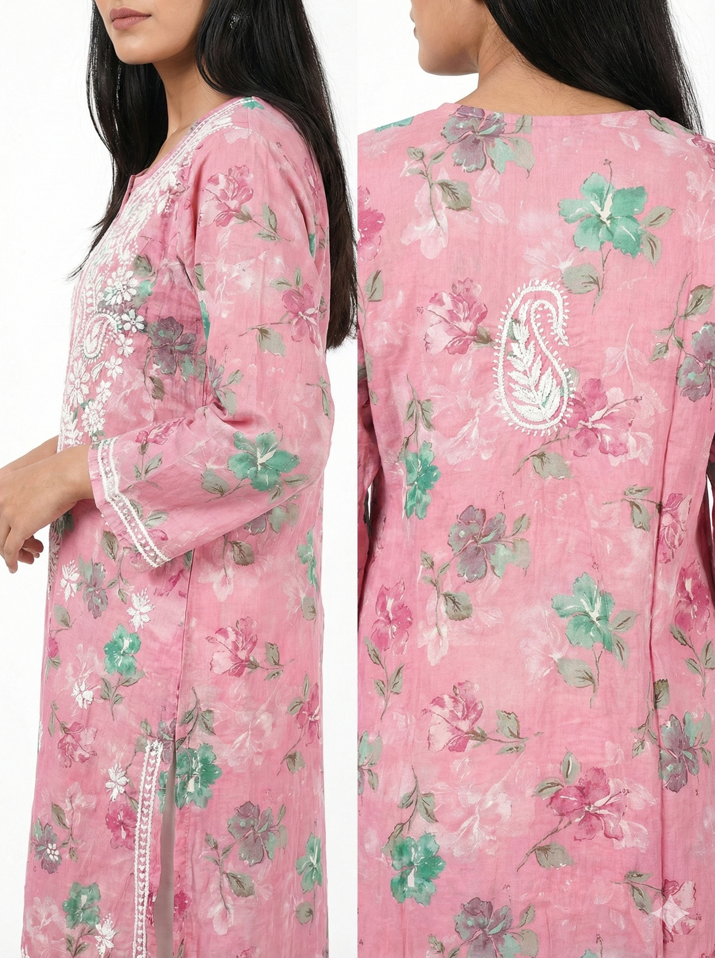 Blush Pink Floral Malmal Cotton Kurti with Hand Chikankari Work | Lucknow Best Chikankari
