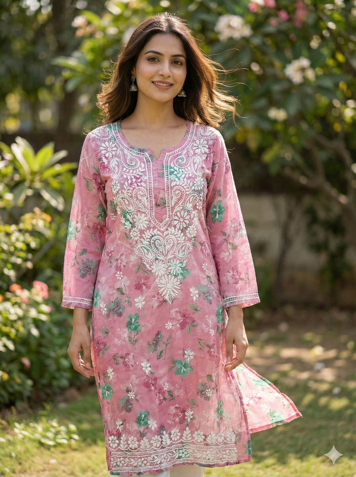 Blush Pink Floral Malmal Cotton Kurti with Hand Chikankari Work | Lucknow Best Chikankari
