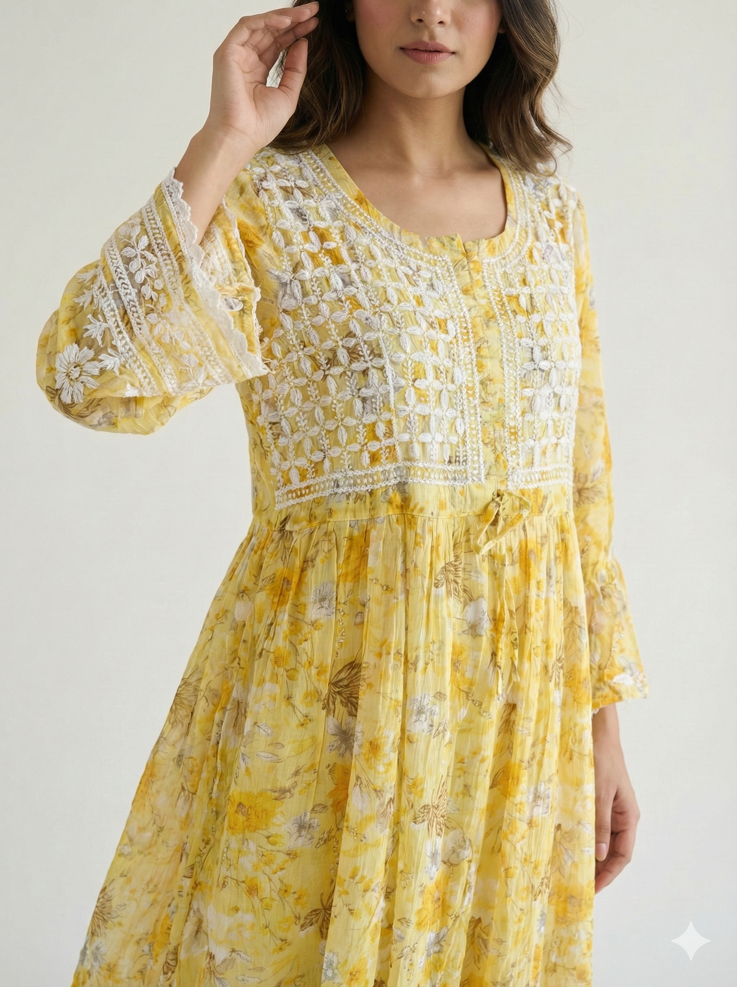 Yellow Floral Malmal Cotton Gown with Heavy Hand Chikankari Work | Lucknow Best Chikankari