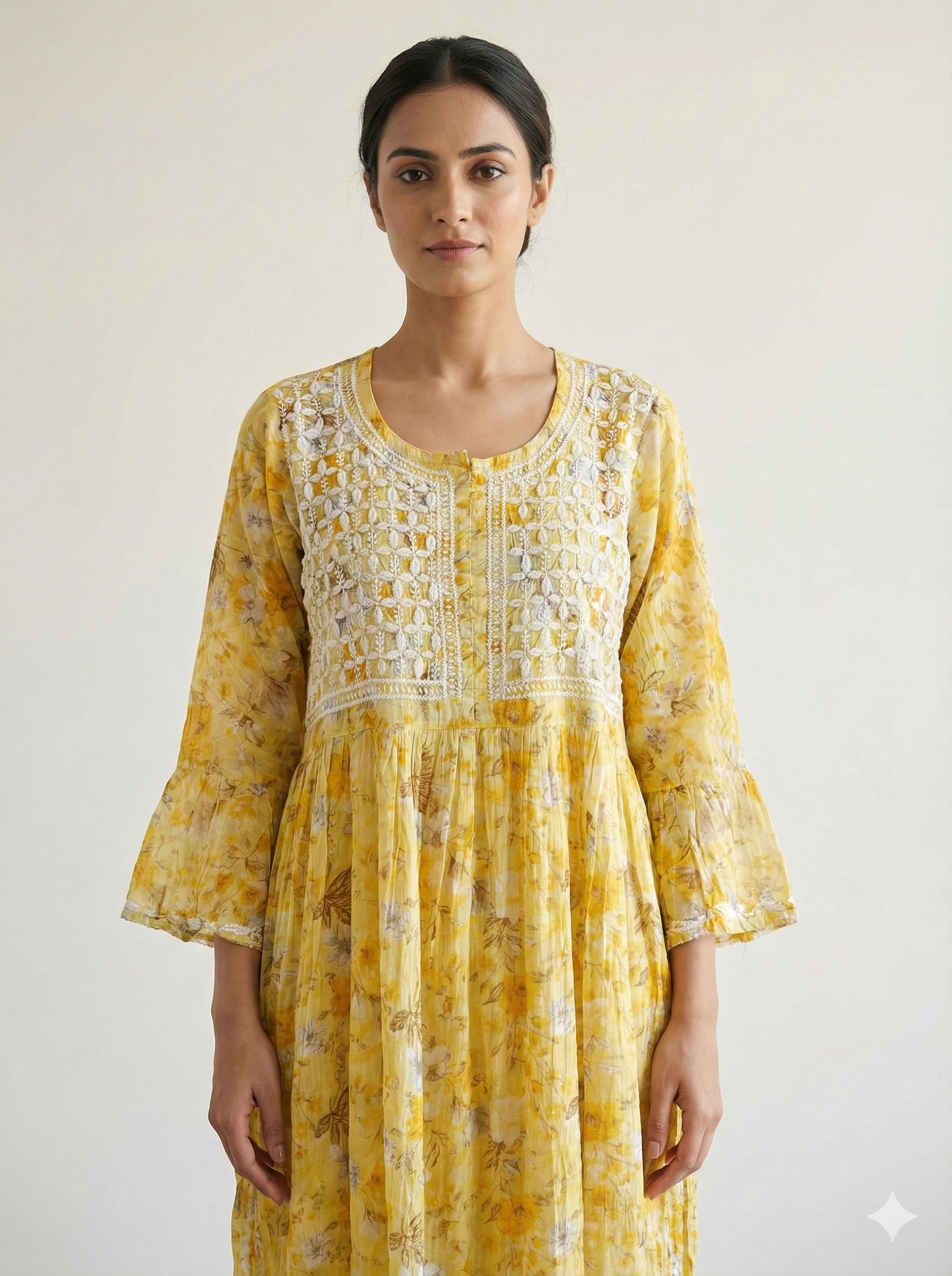 Yellow Floral Malmal Cotton Gown with Heavy Hand Chikankari Work | Lucknow Best Chikankari