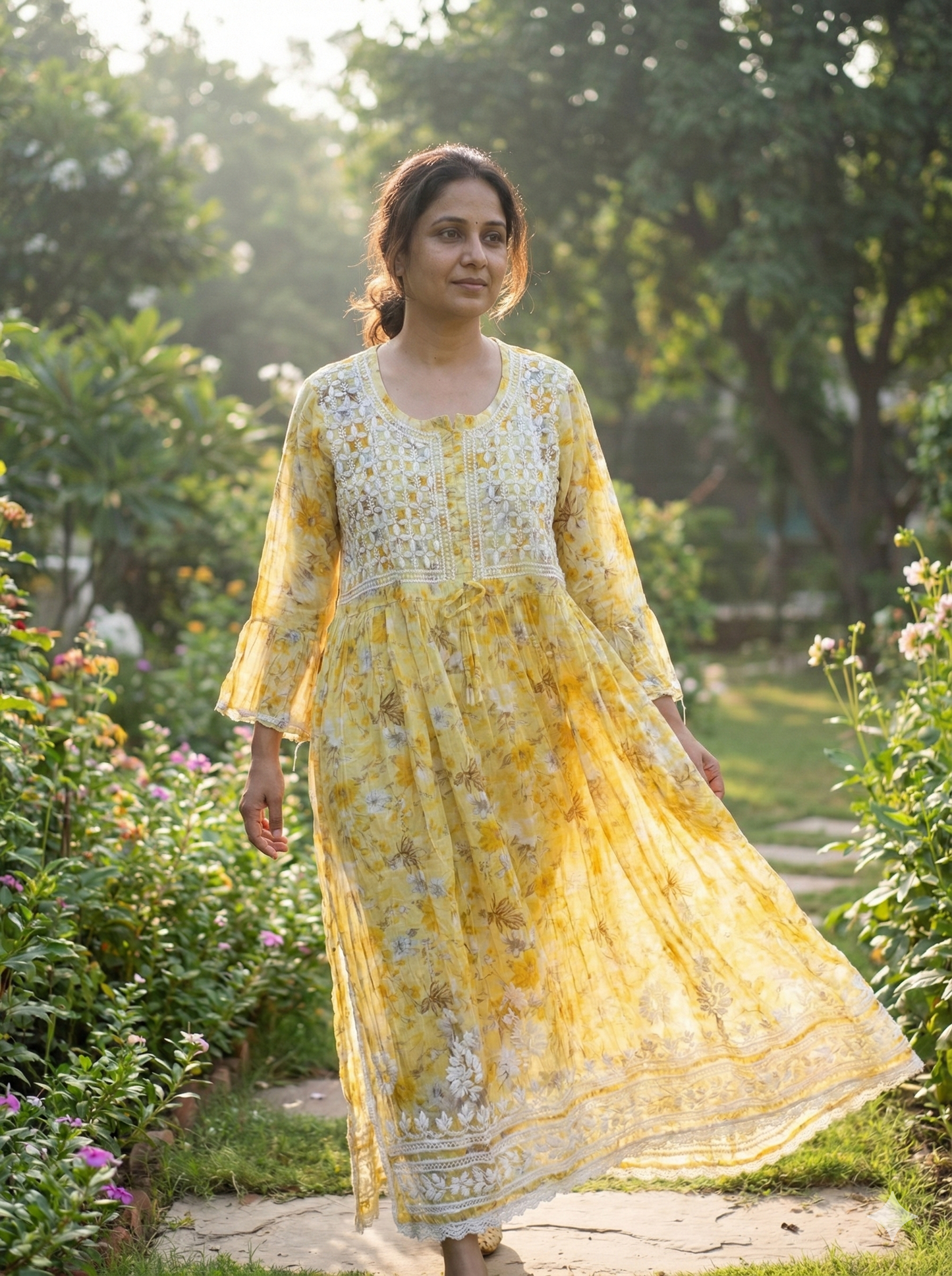 Yellow Floral Malmal Cotton Gown with Heavy Hand Chikankari Work | Lucknow Best Chikankari