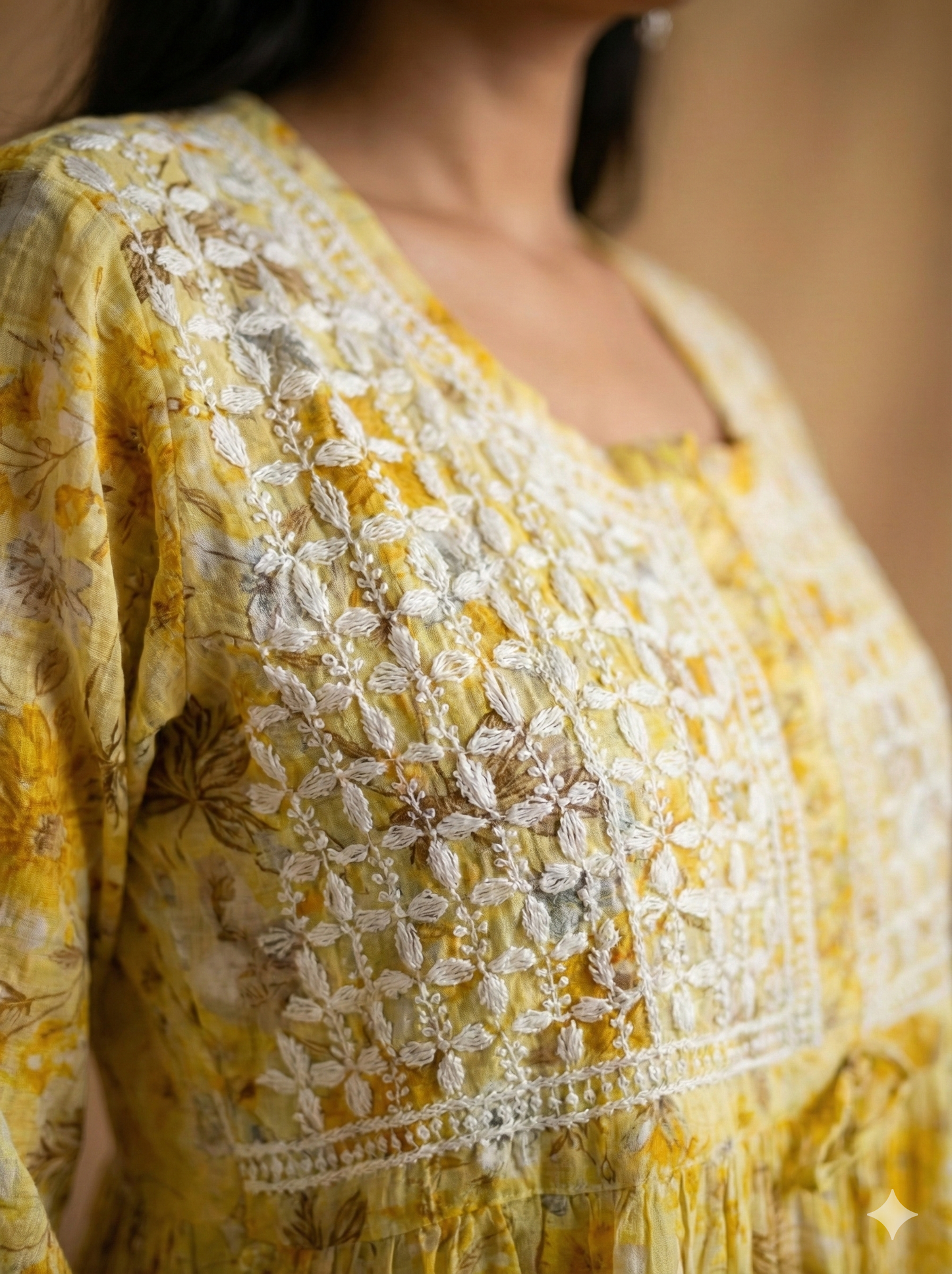 Yellow Floral Malmal Cotton Gown with Heavy Hand Chikankari Work | Lucknow Best Chikankari