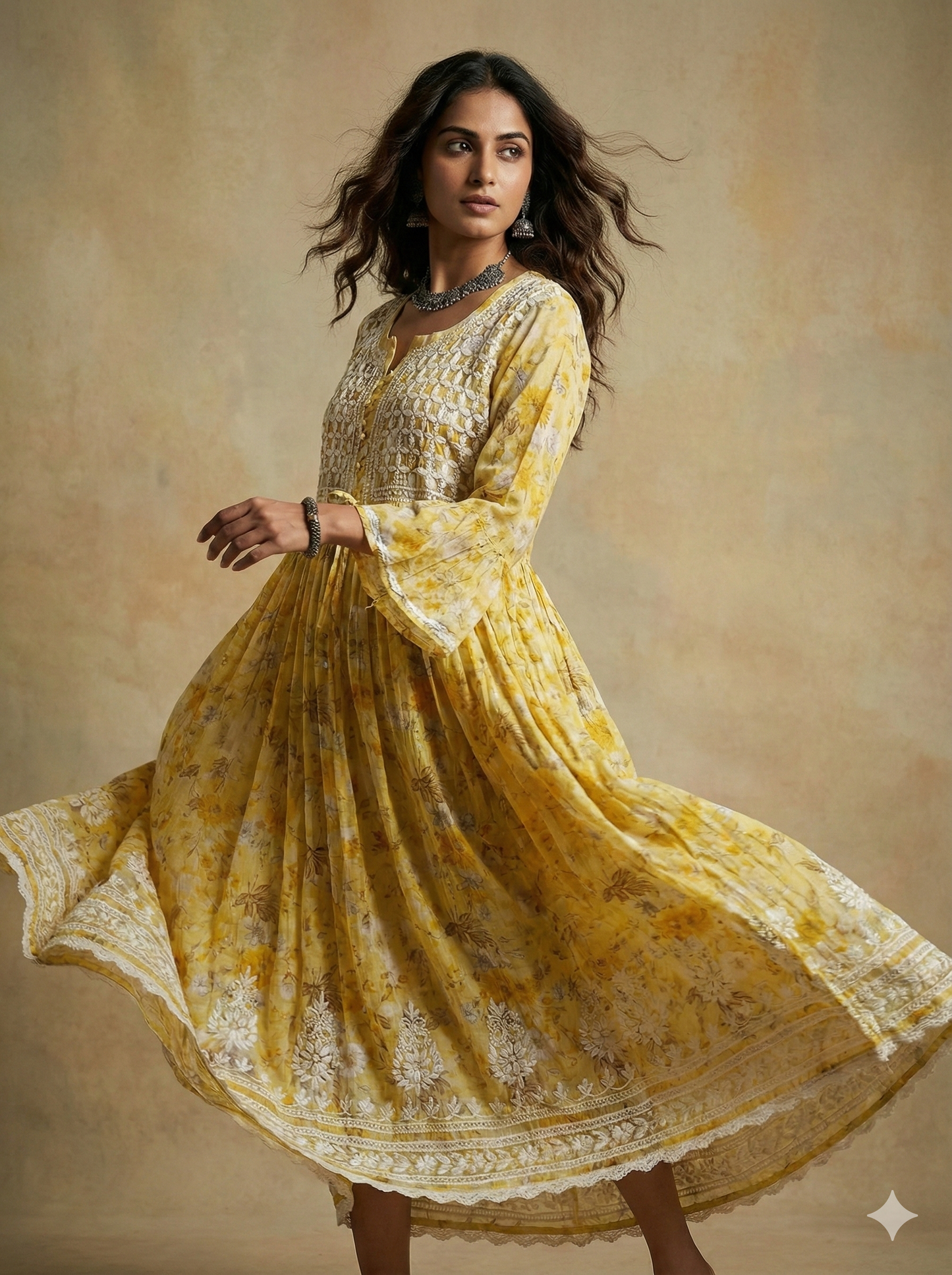 Yellow Floral Malmal Cotton Gown with Heavy Hand Chikankari Work | Lucknow Best Chikankari