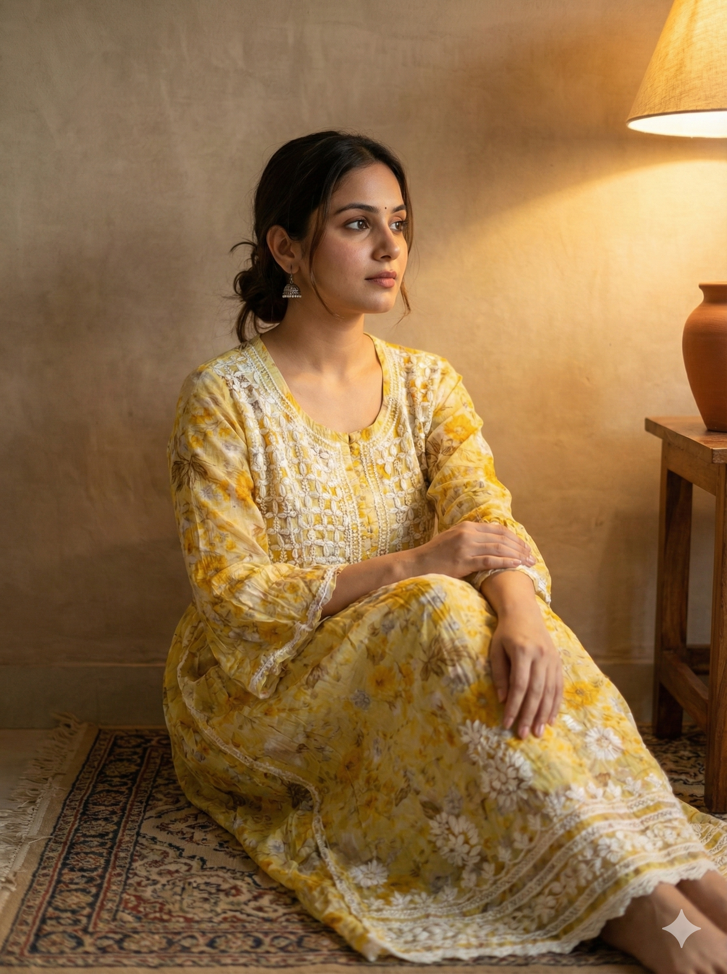 Yellow Floral Malmal Cotton Gown with Heavy Hand Chikankari Work | Lucknow Best Chikankari