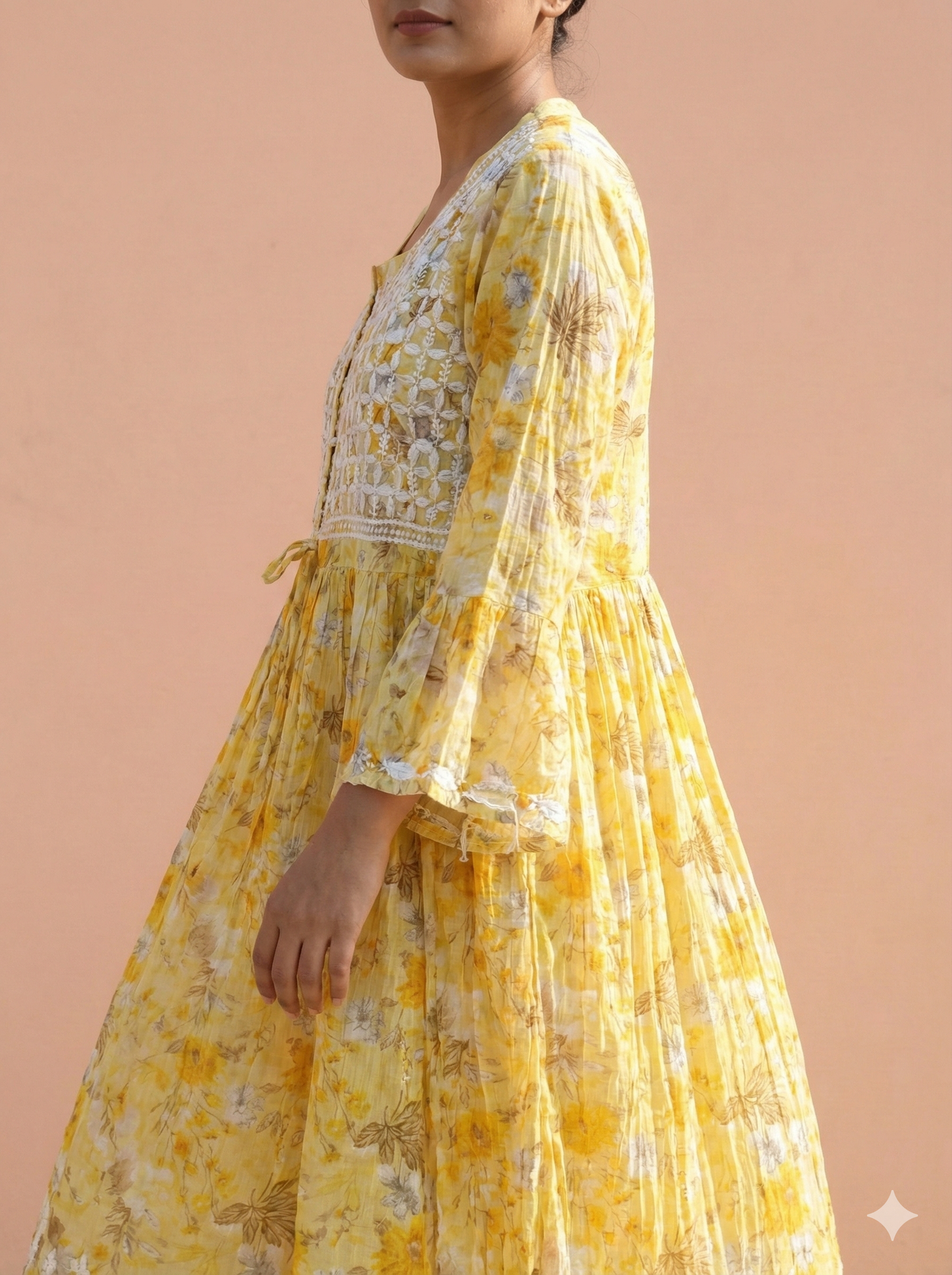 Yellow Floral Malmal Cotton Gown with Heavy Hand Chikankari Work | Lucknow Best Chikankari