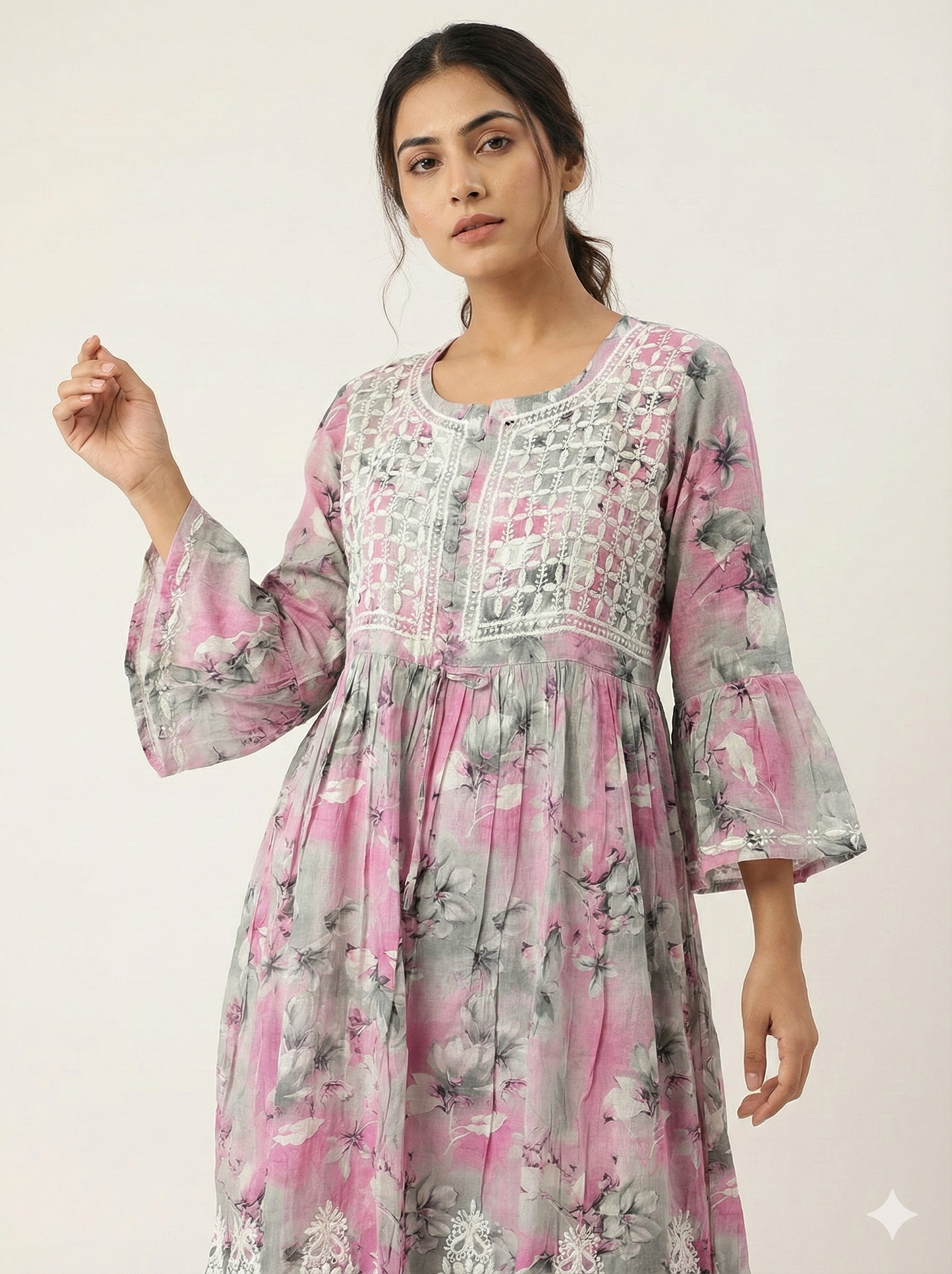 Lavender Peach Malmal Cotton Gown with Hand Embroidered Chikankari | Lucknow Best Chikankari