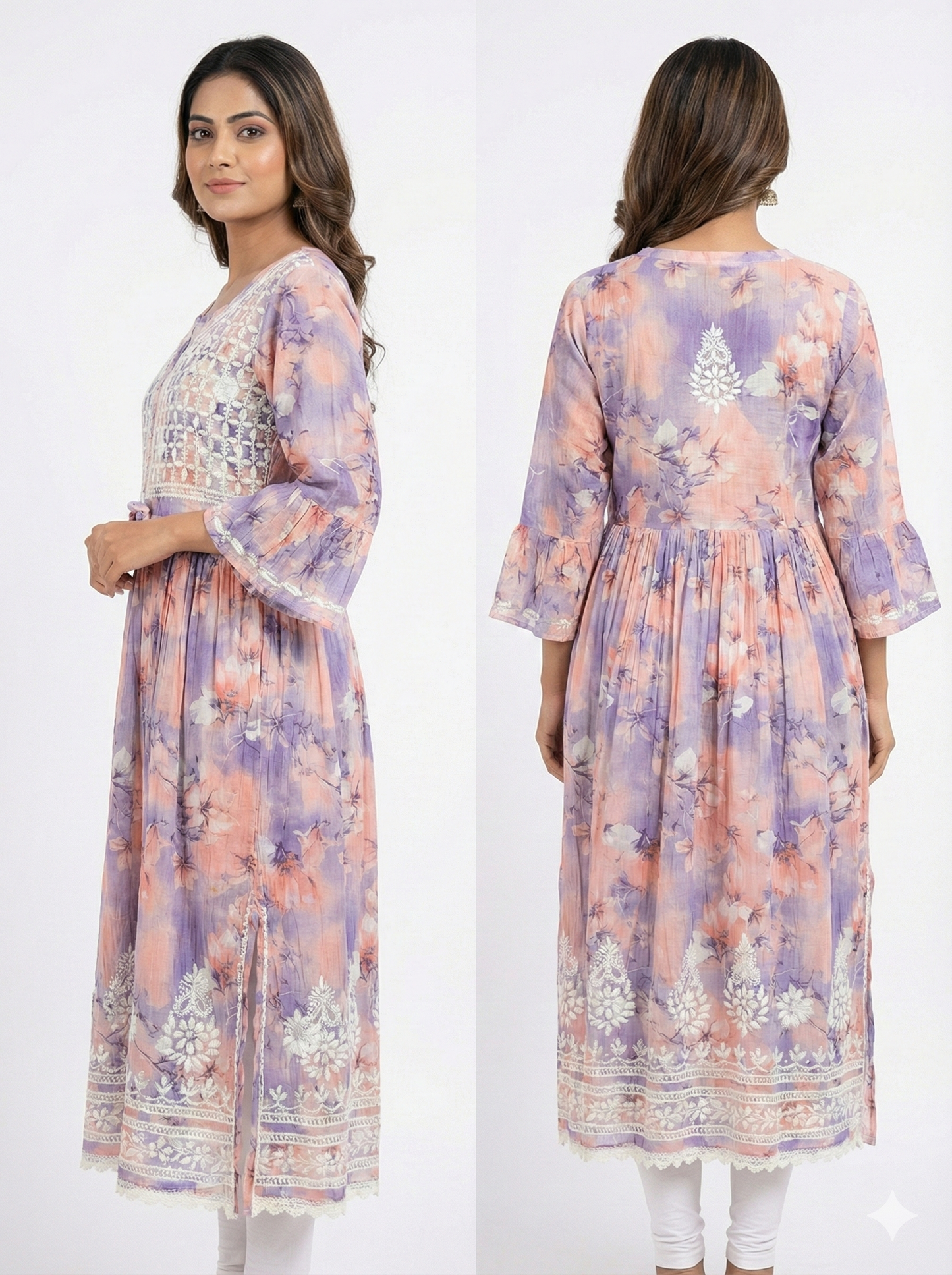 Lavender Peach Malmal Cotton Gown with Hand Embroidered Chikankari | Lucknow Best Chikankari