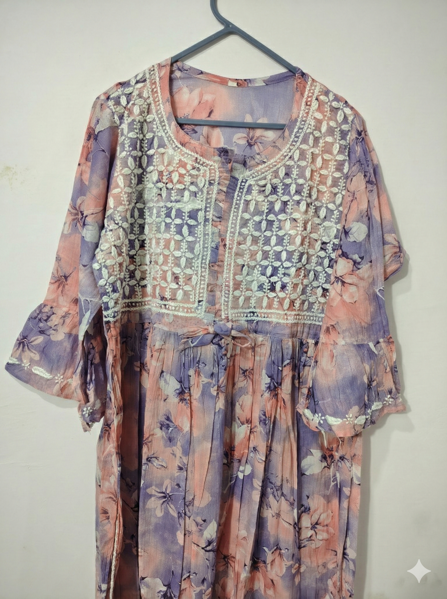 Lavender Peach Malmal Cotton Gown with Hand Embroidered Chikankari | Lucknow Best Chikankari