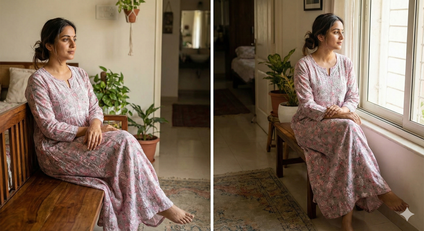 Lavender Peach Malmal Cotton Gown with Hand Embroidered Chikankari | Lucknow Best Chikankari