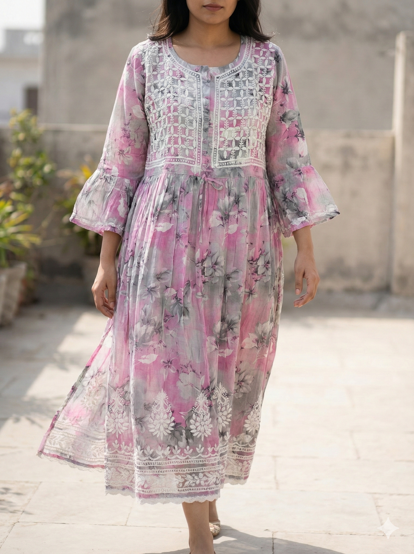 Lavender Peach Malmal Cotton Gown with Hand Embroidered Chikankari | Lucknow Best Chikankari