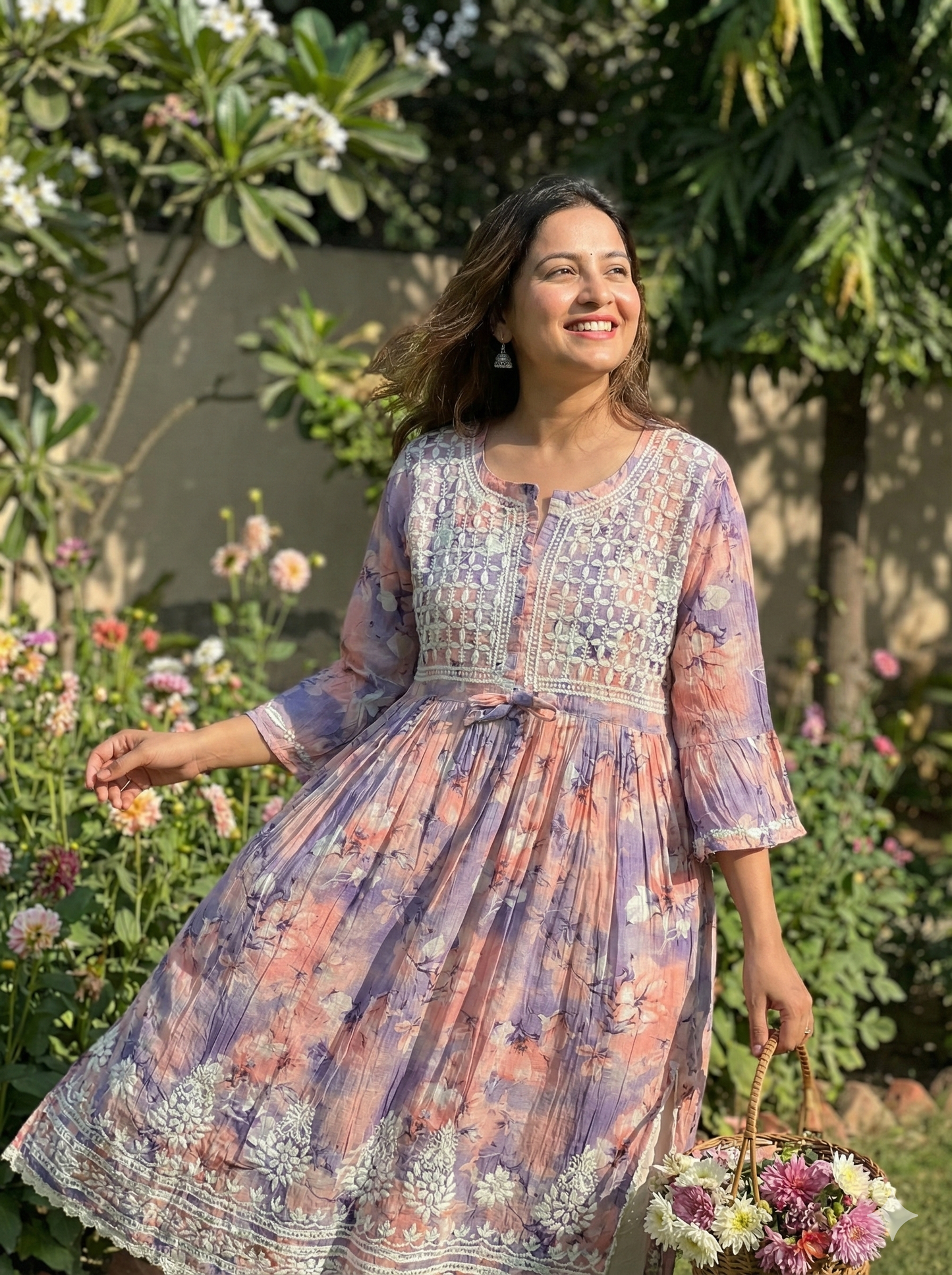 Lavender Peach Malmal Cotton Gown with Hand Embroidered Chikankari | Lucknow Best Chikankari