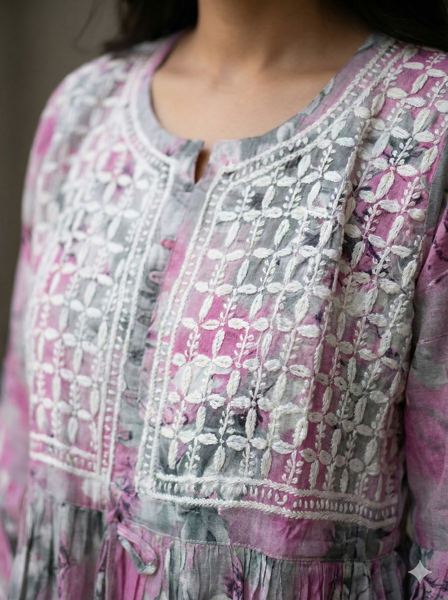 Lavender Peach Malmal Cotton Gown with Hand Embroidered Chikankari | Lucknow Best Chikankari
