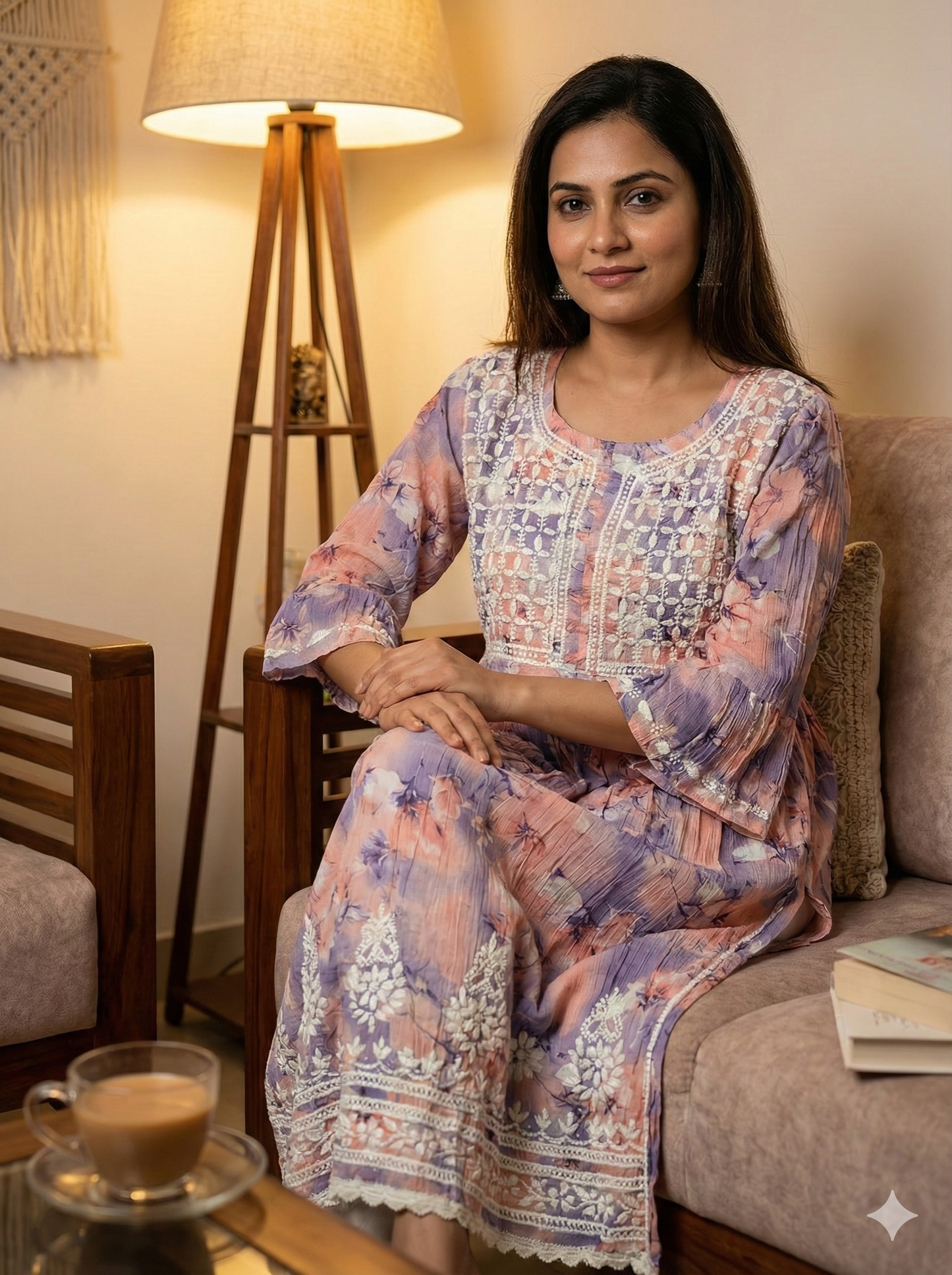 Lavender Peach Malmal Cotton Gown with Hand Embroidered Chikankari | Lucknow Best Chikankari