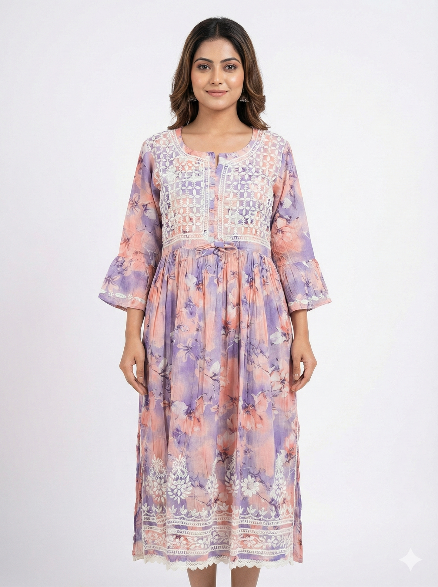 Lavender Peach Malmal Cotton Gown with Hand Embroidered Chikankari | Lucknow Best Chikankari