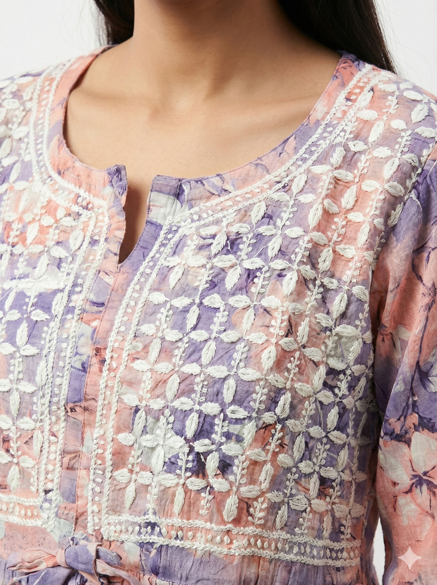 Lavender Peach Malmal Cotton Gown with Hand Embroidered Chikankari | Lucknow Best Chikankari