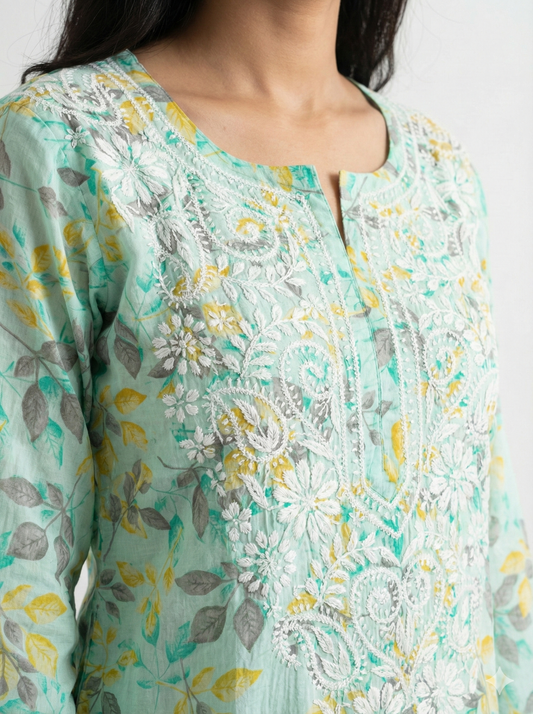 Aqua blue and yellow malmal Chikankari kurti embroidery close up