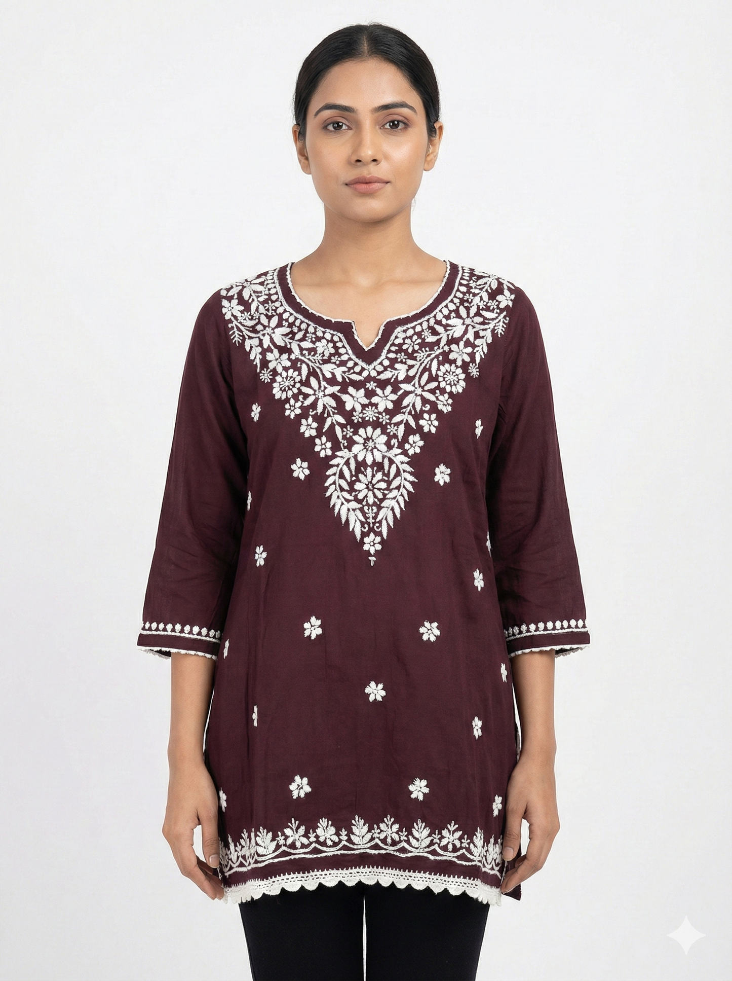 Maroon Modal Chikankari Short Kurti – Handcrafted Lucknowi Elegance