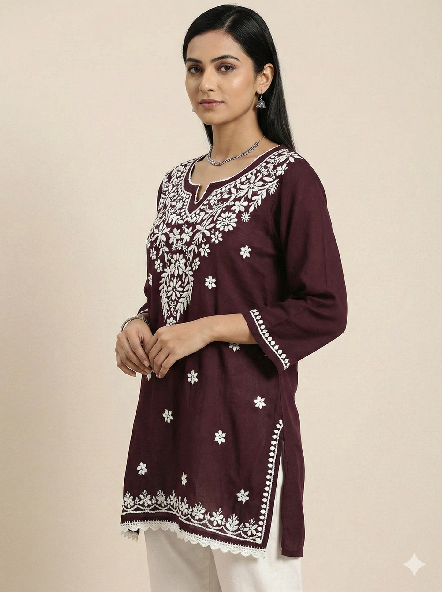 Maroon Modal Chikankari Short Kurti – Handcrafted Lucknowi Elegance