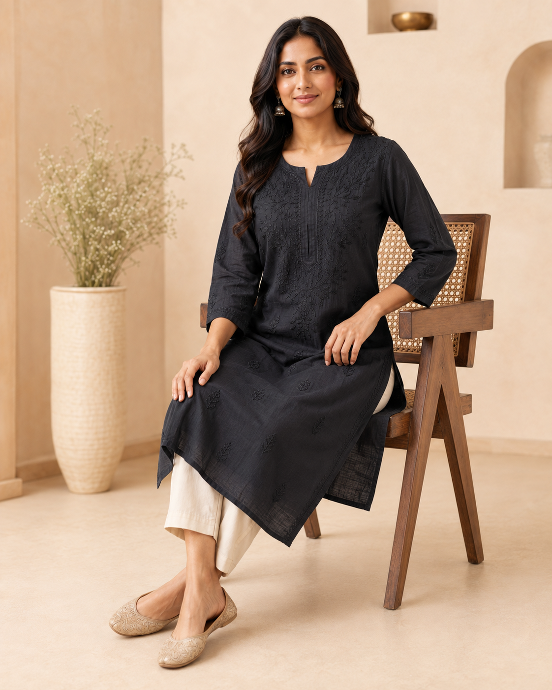 Midnight Black Subtle Embroidery Chikankari Kurti