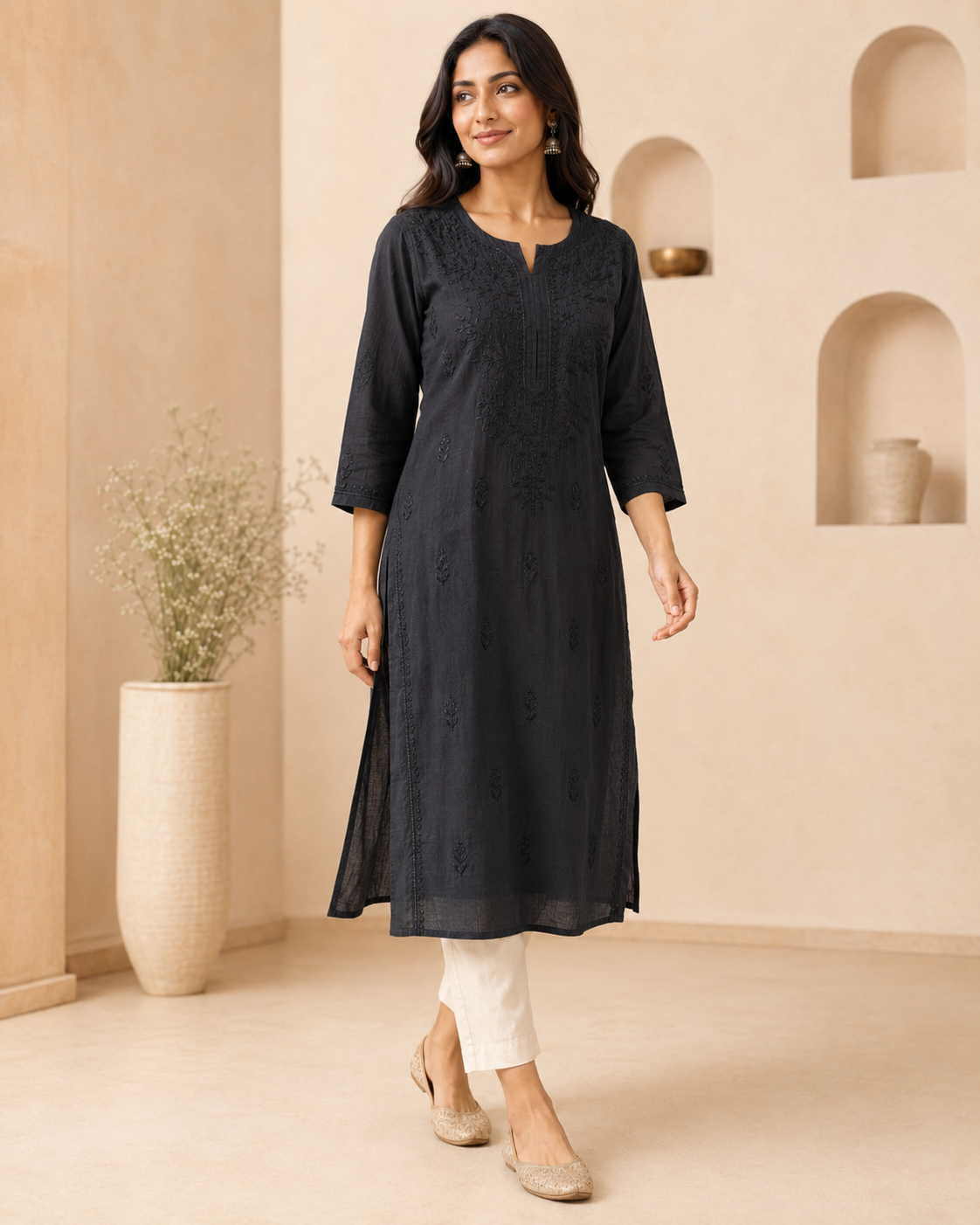 Midnight Black Subtle Embroidery Chikankari Kurti