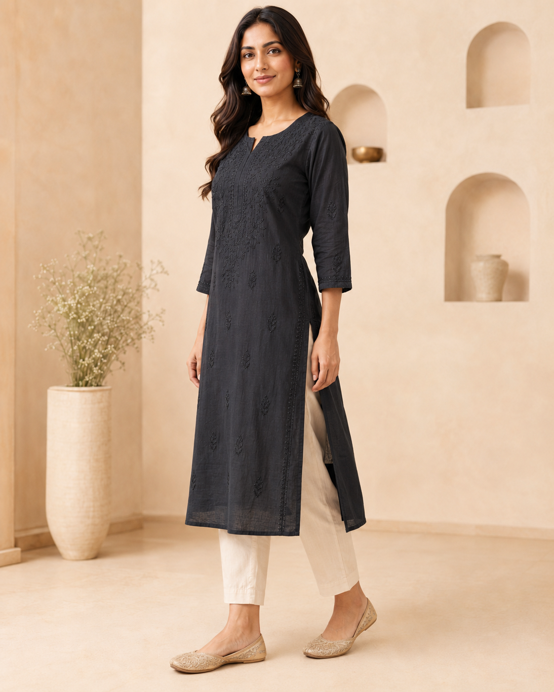 Midnight Black Subtle Embroidery Chikankari Kurti