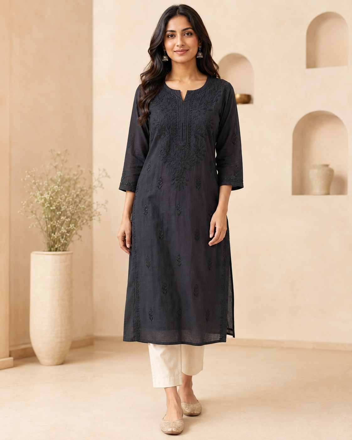 Midnight Black Subtle Embroidery Chikankari Kurti