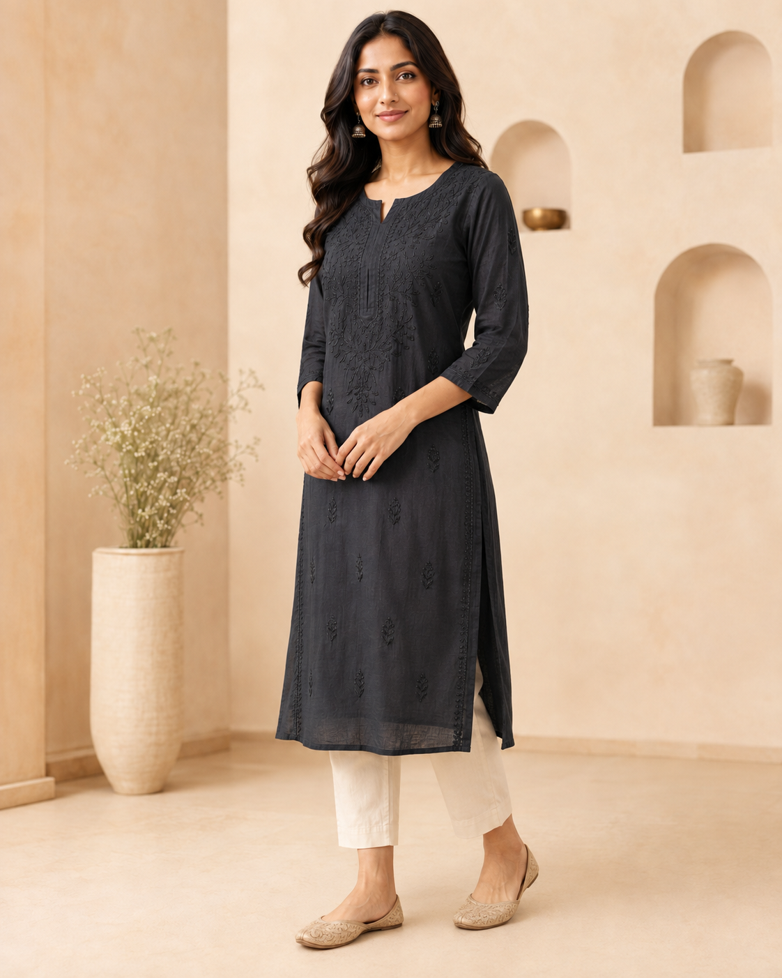 Midnight Black Subtle Embroidery Chikankari Kurti