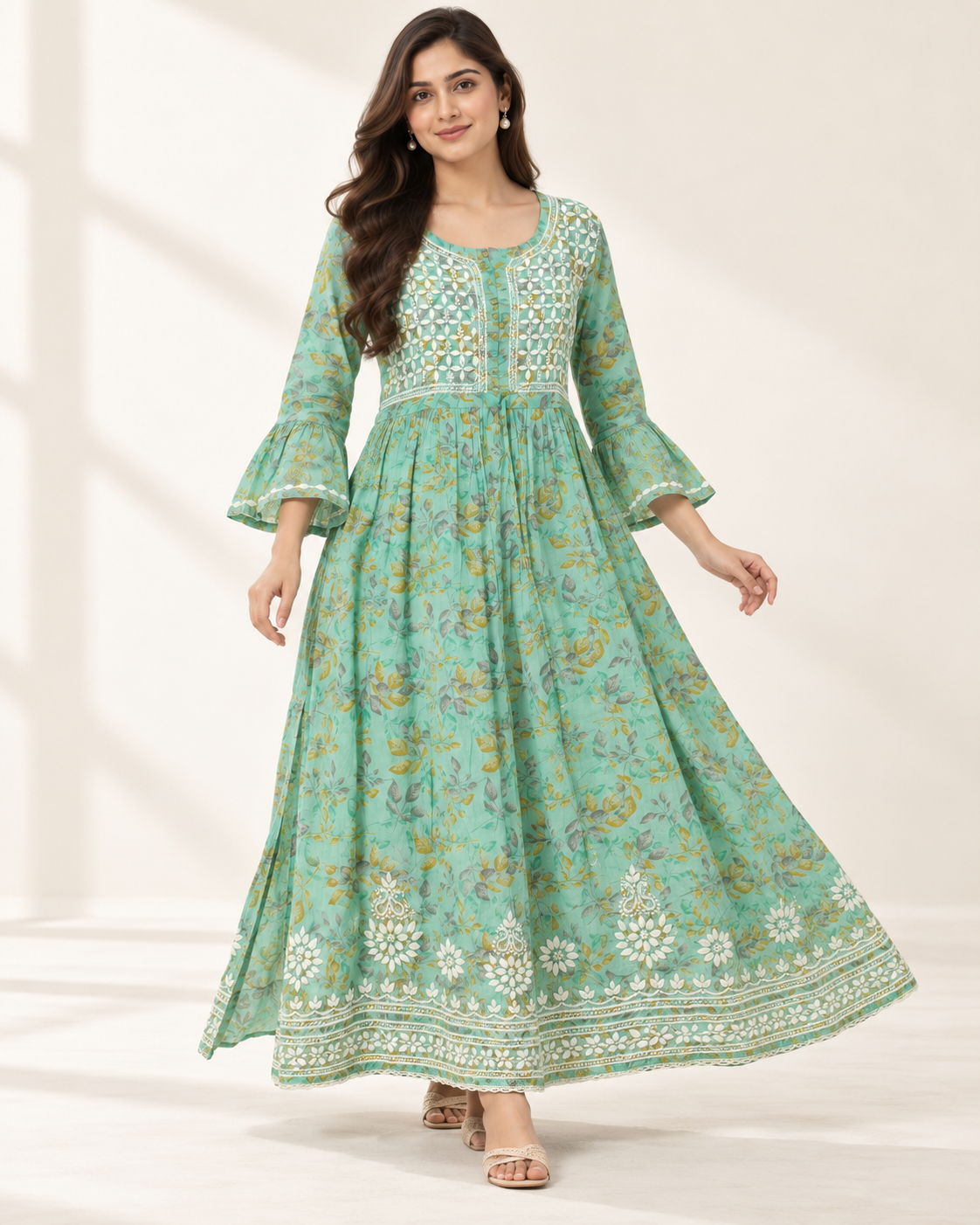 Mint Green Floral Malmal Chikankari Gown with Kurti-Style Side Slits