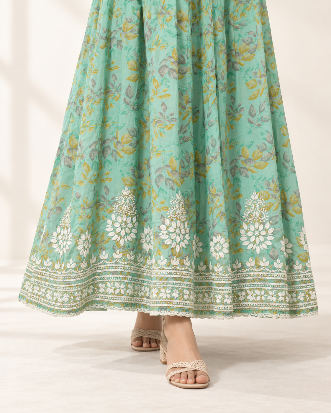 Mint Green Floral Malmal Chikankari Gown with Kurti-Style Side Slits