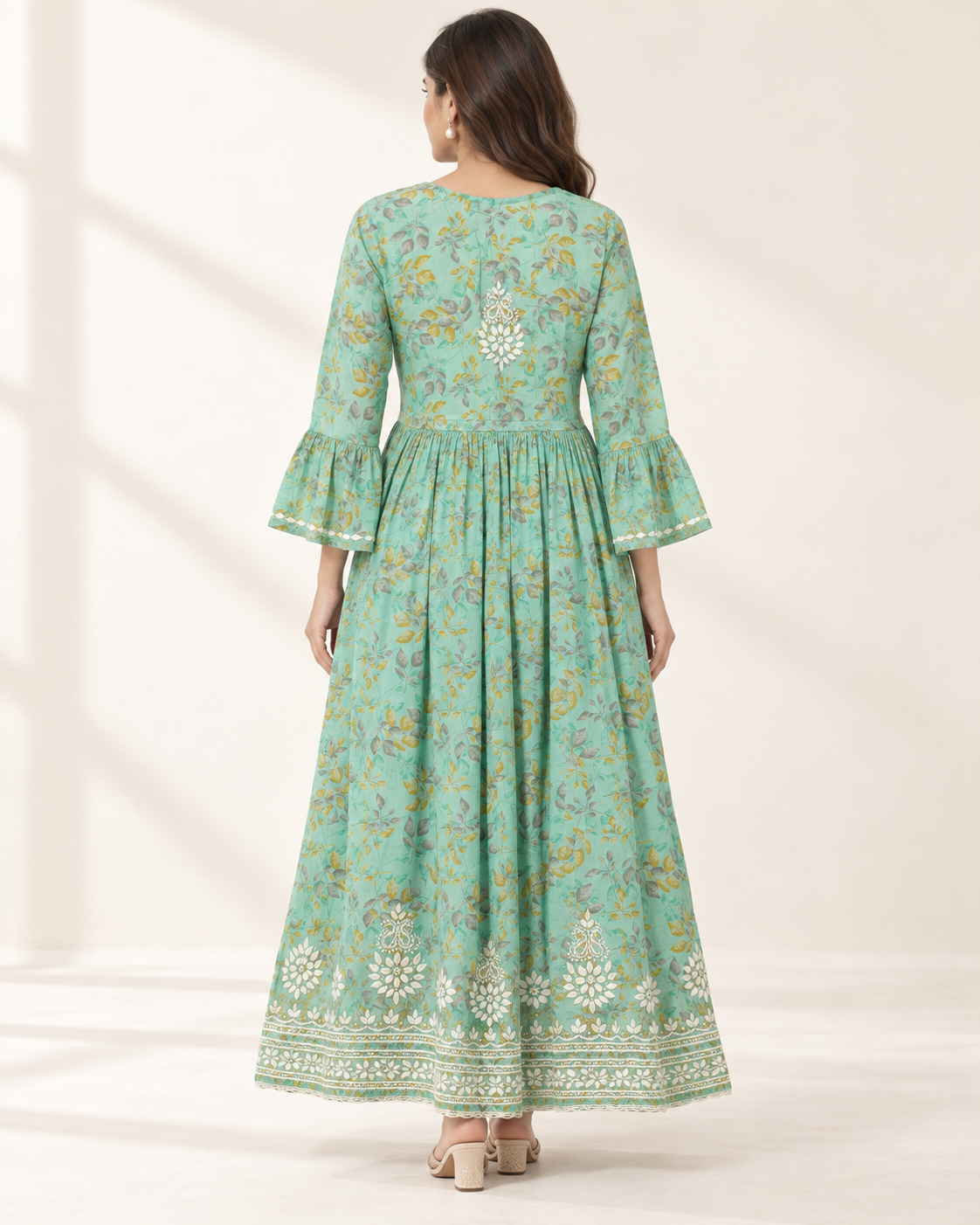 Mint Green Floral Malmal Chikankari Gown with Kurti-Style Side Slits