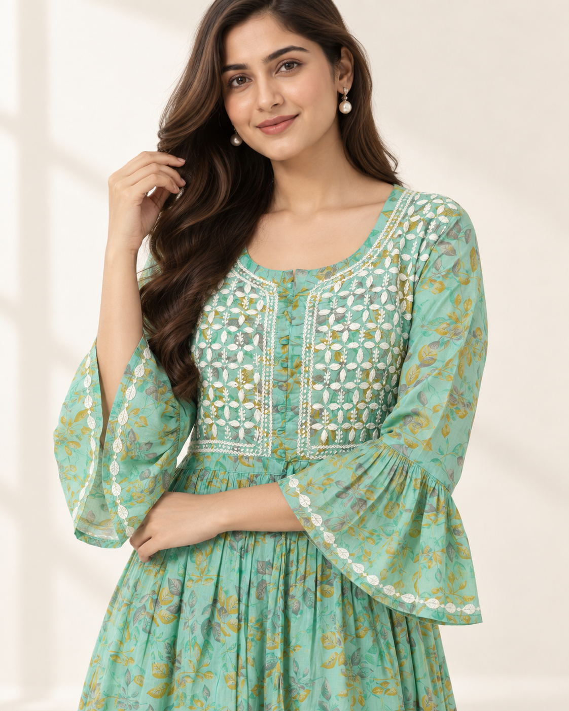 Mint Green Floral Malmal Chikankari Gown with Kurti-Style Side Slits