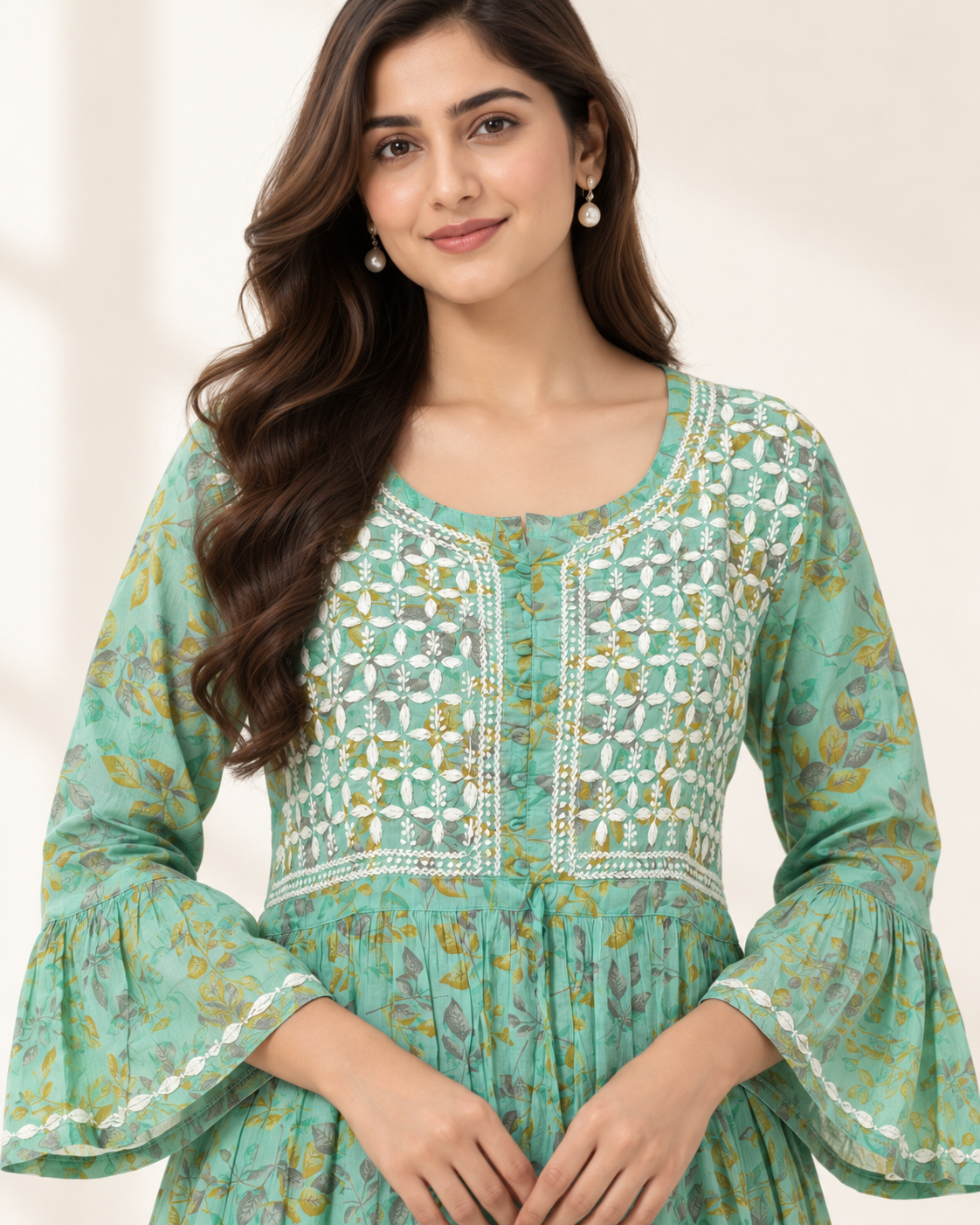Mint Green Floral Malmal Chikankari Gown with Kurti-Style Side Slits
