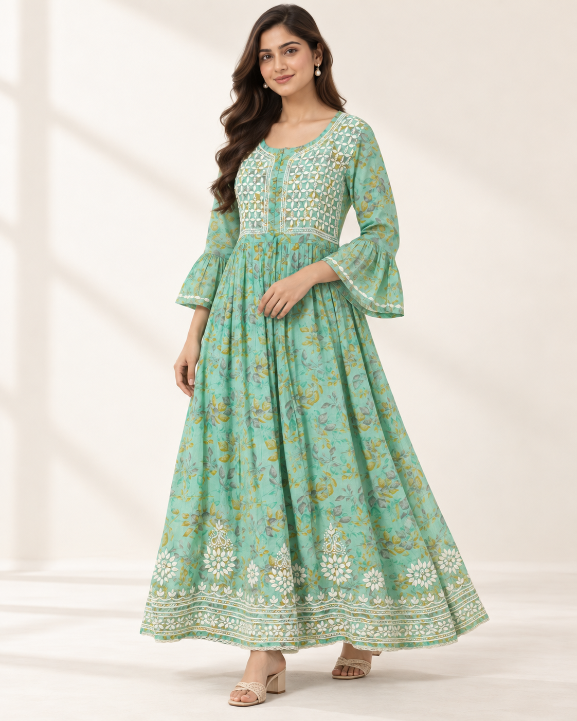 Mint Green Floral Malmal Chikankari Gown with Kurti-Style Side Slits
