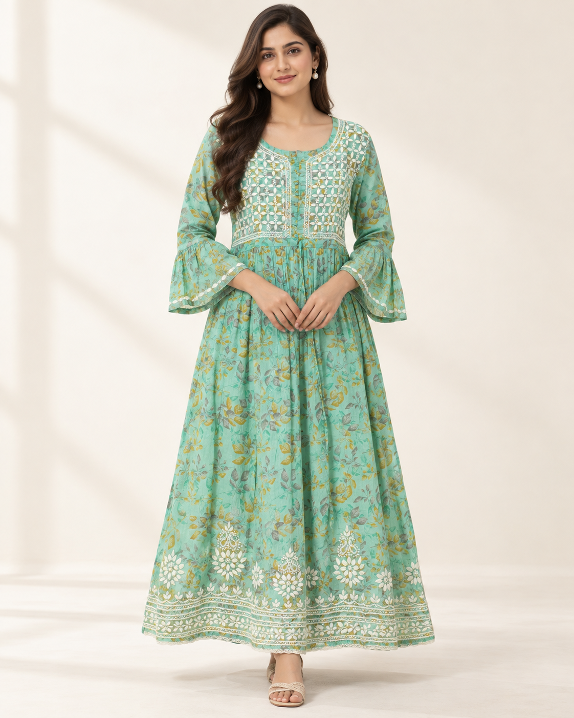 Mint Green Floral Malmal Chikankari Gown with Kurti-Style Side Slits