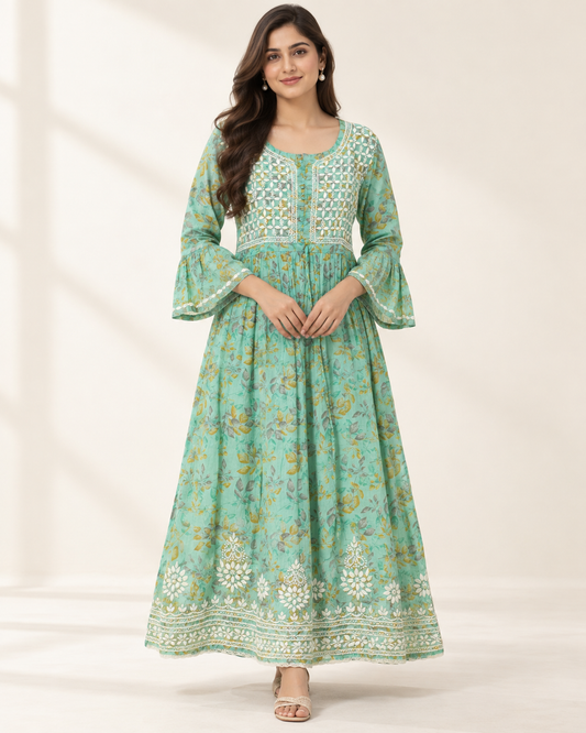 Mint Green Floral Malmal Chikankari Gown with Kurti-Style Side Slits