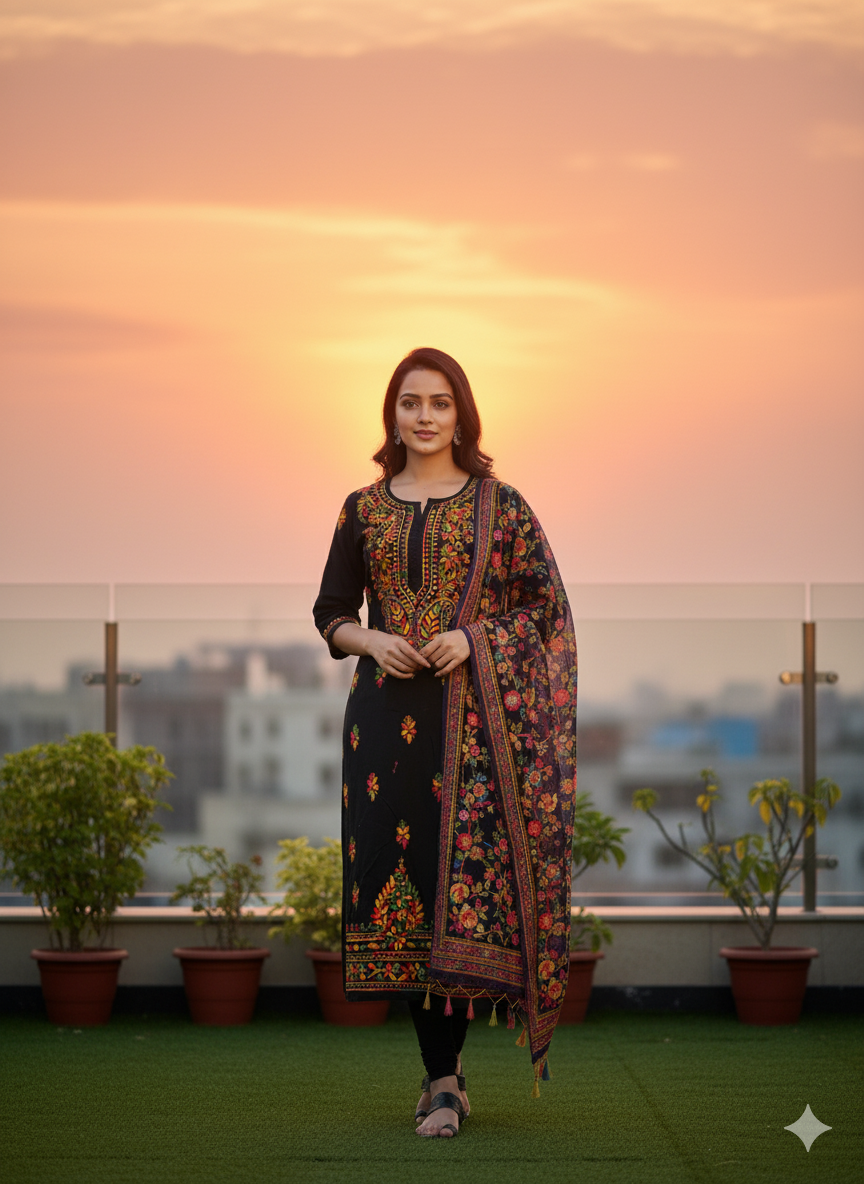 "Black Cotton Embroidered Kurti with Multicolor Floral Work | Festive & Party Wear Ethnic Kurta for Women"
