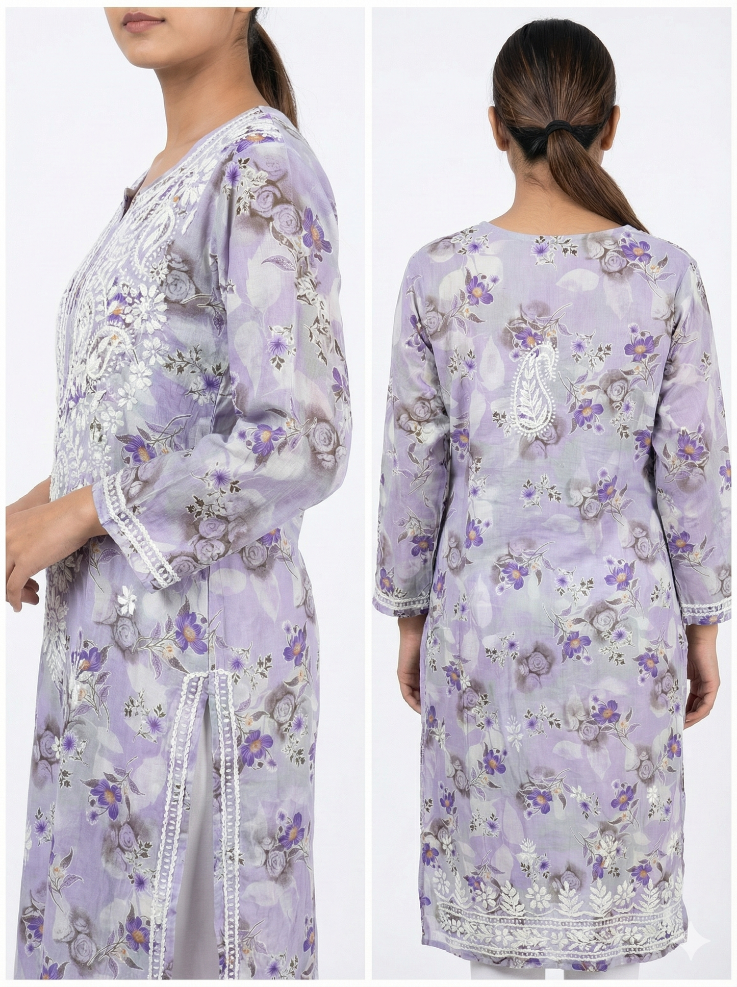 Lavender Floral Malmal Chikankari Kurti for Women – Hand Embroidered Lucknowi Kurti | LucknowBestChikankari