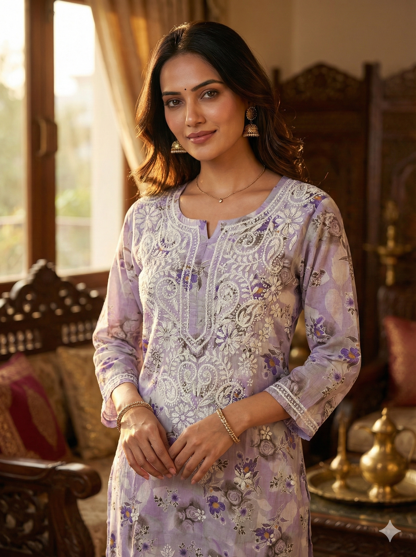 Lavender Floral Malmal Chikankari Kurti for Women – Hand Embroidered Lucknowi Kurti | LucknowBestChikankari