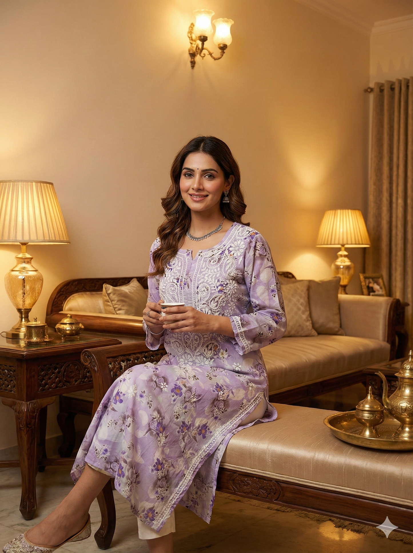 Lavender Floral Malmal Chikankari Kurti for Women – Hand Embroidered Lucknowi Kurti | LucknowBestChikankari