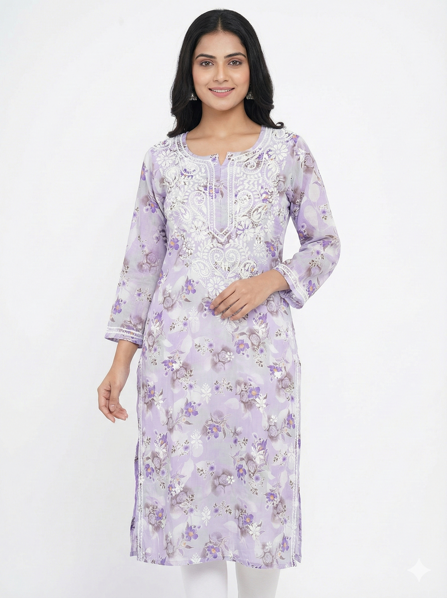Lavender Floral Malmal Chikankari Kurti for Women – Hand Embroidered Lucknowi Kurti | LucknowBestChikankari