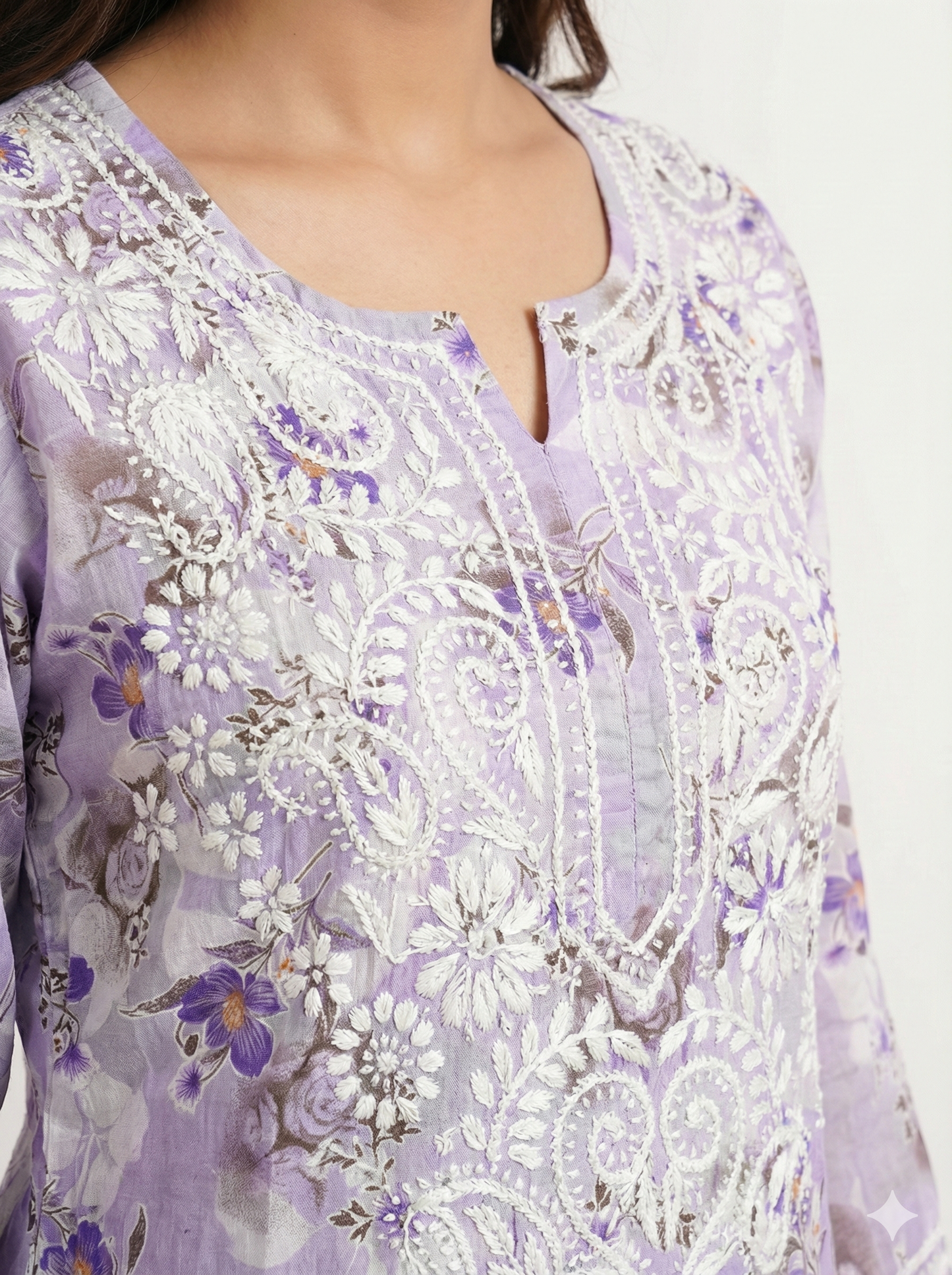 Lavender Floral Malmal Chikankari Kurti for Women – Hand Embroidered Lucknowi Kurti | LucknowBestChikankari