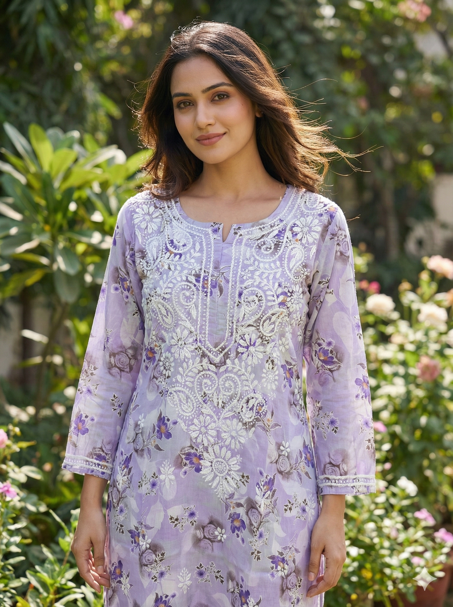 Lavender Floral Malmal Chikankari Kurti for Women – Hand Embroidered Lucknowi Kurti | LucknowBestChikankari